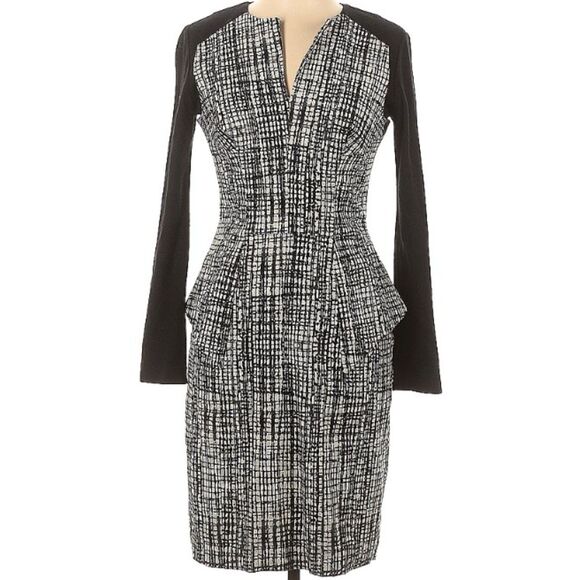 Lela Rose Black and White V Neck Long Sleeve Back Zip Pencil Silk Lined Dress 8 - Picture 1 of 13